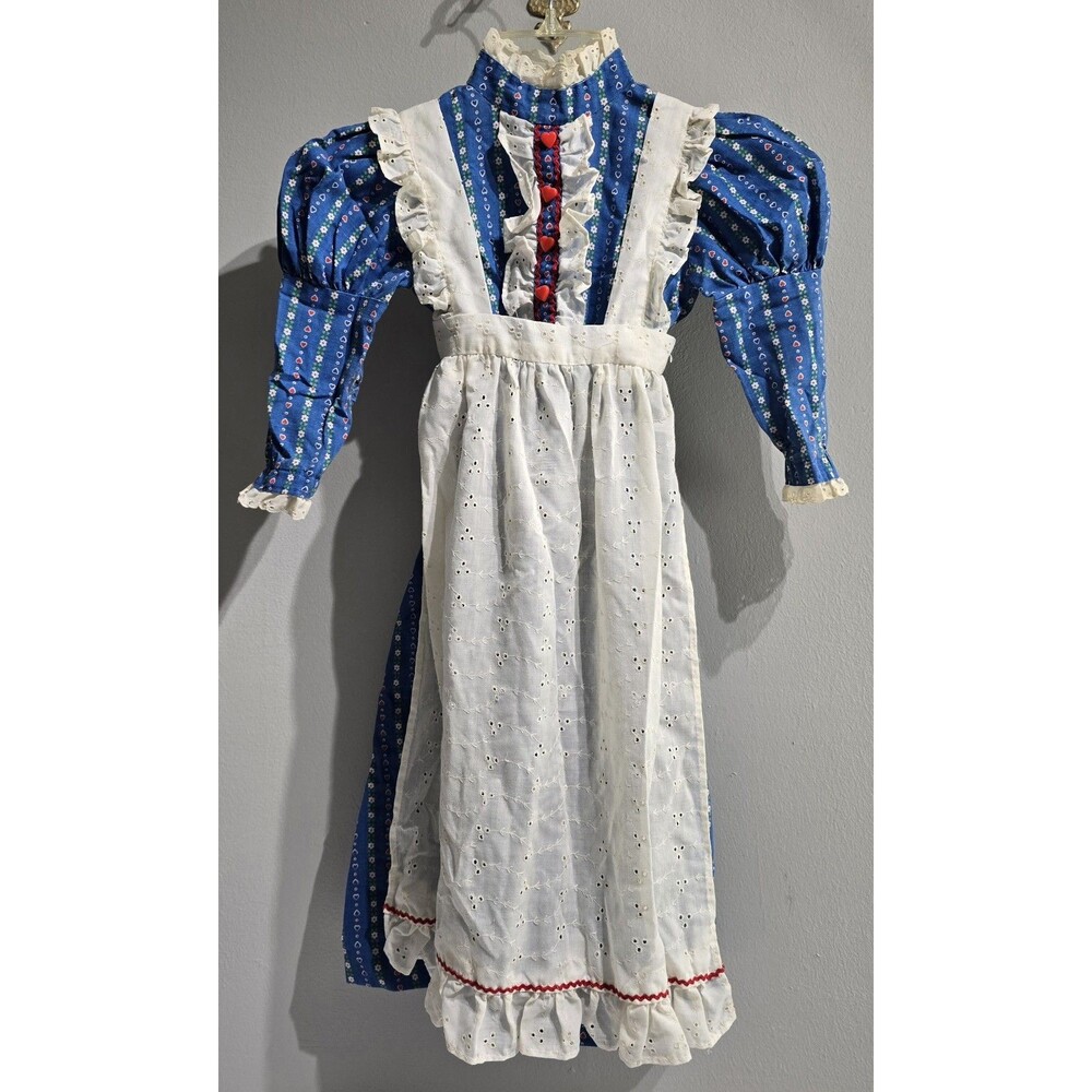 VTG 70s Little Girls Prairie Dress Apron Set Sz 3T Cottagecore Lace Ruffle Heart